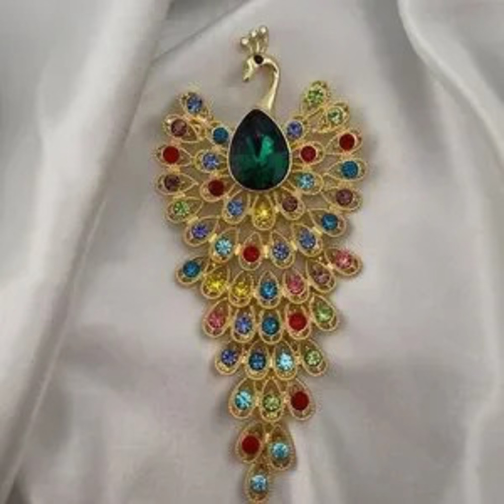 Anthropologie Queen Style Gold Peacock Brooch with Multicolor Gems